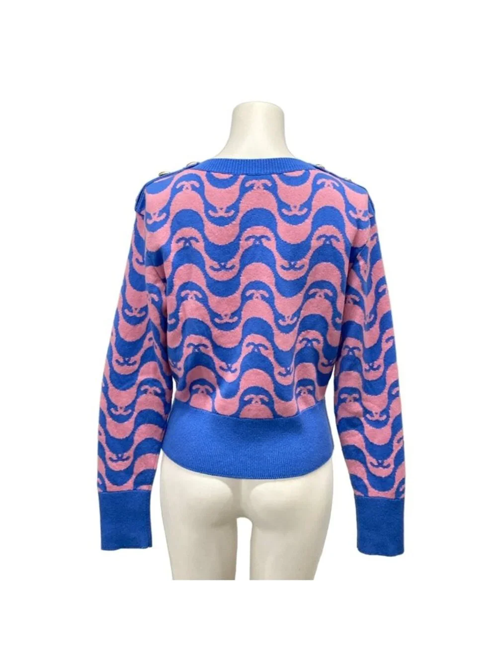 Chanel Long Sleeve Sweater 34 S Blue Pink Crew Neck CC Logo Knit Cashmere